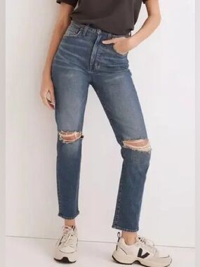 Madewell The Perfect Vintage Crop Jeans Gooding Wash Knee-Rips 32 Blue High Rise